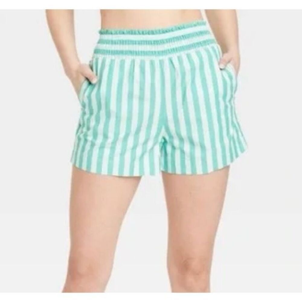 A New Day striped green smocked waist high rise shorts small